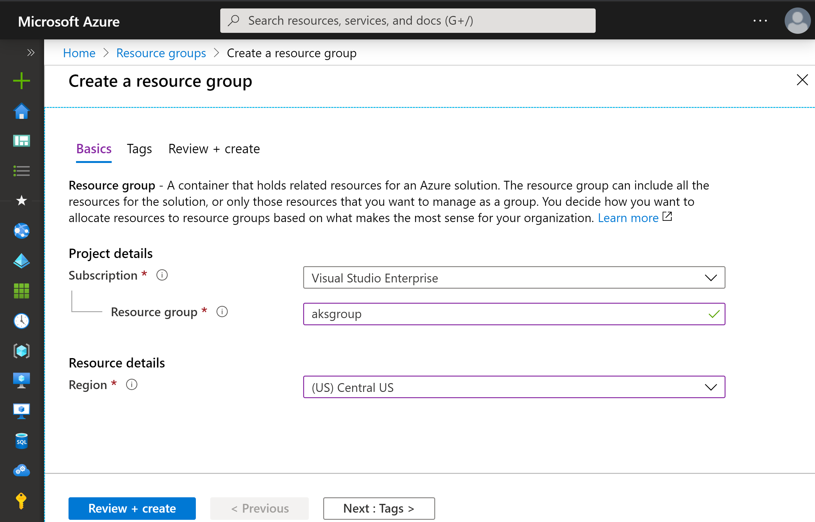 azure portal create resource group