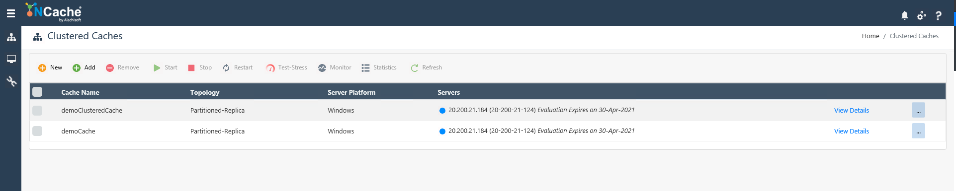 NCache Web Manager Clustered Caches