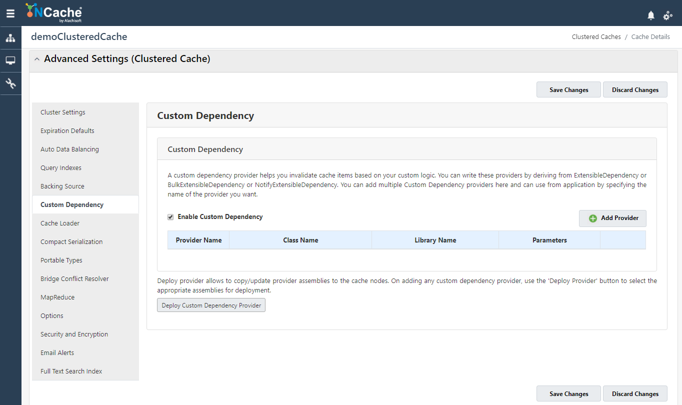 NCache Web Manager Configure Custom Dependency