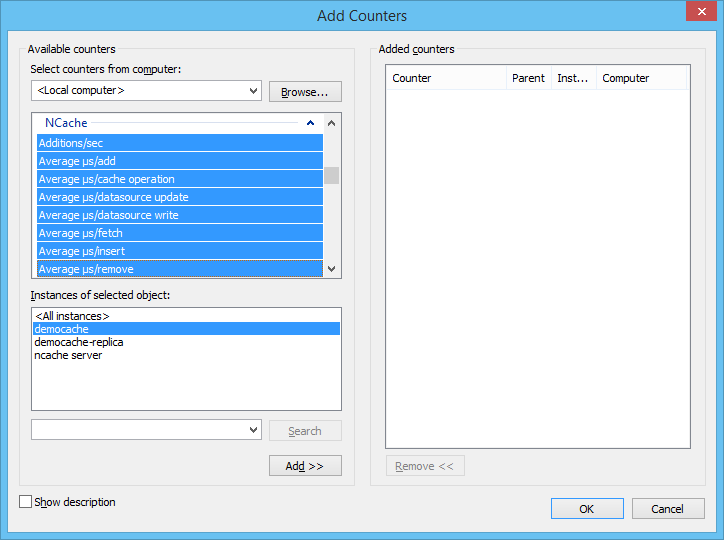 NCache PerfMon Select Server Counters