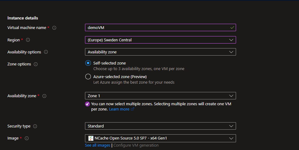 Azure Portal Create NCache Virtual Machine